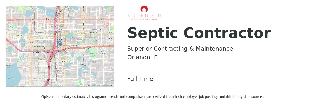 Superior Contracting & Maintenance job posting for a Septic Contractor in Orlando, FL with a salary of $19 to $25 Hourly with a map of Orlando location.