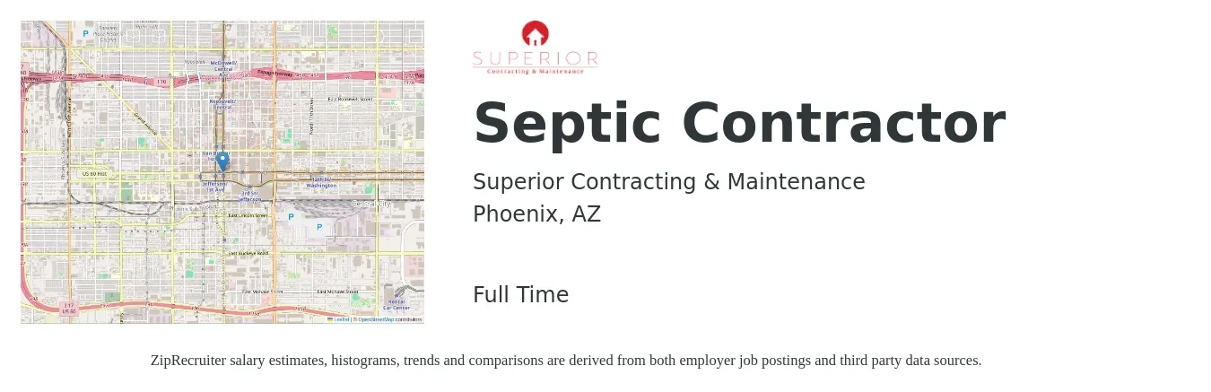 Superior Contracting & Maintenance job posting for a Septic Contractor in Phoenix, AZ with a salary of $20 to $27 Hourly with a map of Phoenix location.