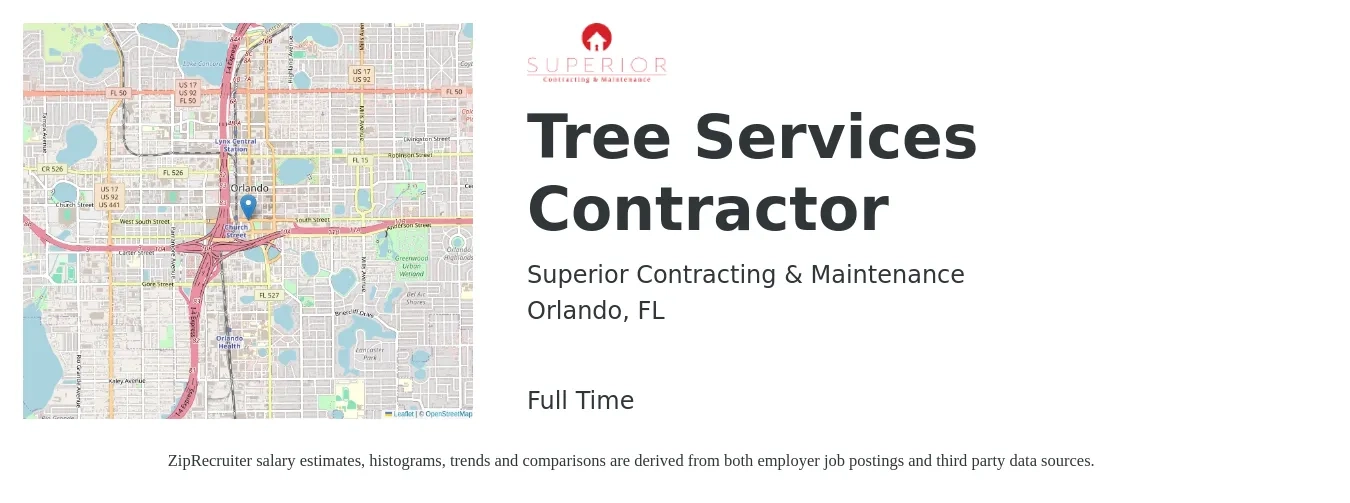 Superior Contracting & Maintenance job posting for a Tree Services Contractor in Orlando, FL with a salary of $17 to $22 Hourly with a map of Orlando location.