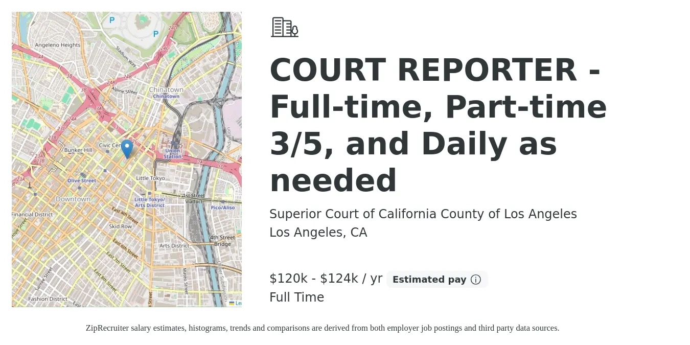 Superior Court of California County of Los Angeles job posting for a COURT REPORTER - Full-time, Part-time 3/5, and Daily as needed in Los Angeles, CA with a salary of $120,888 to $124,214 Yearly with a map of Los Angeles location.