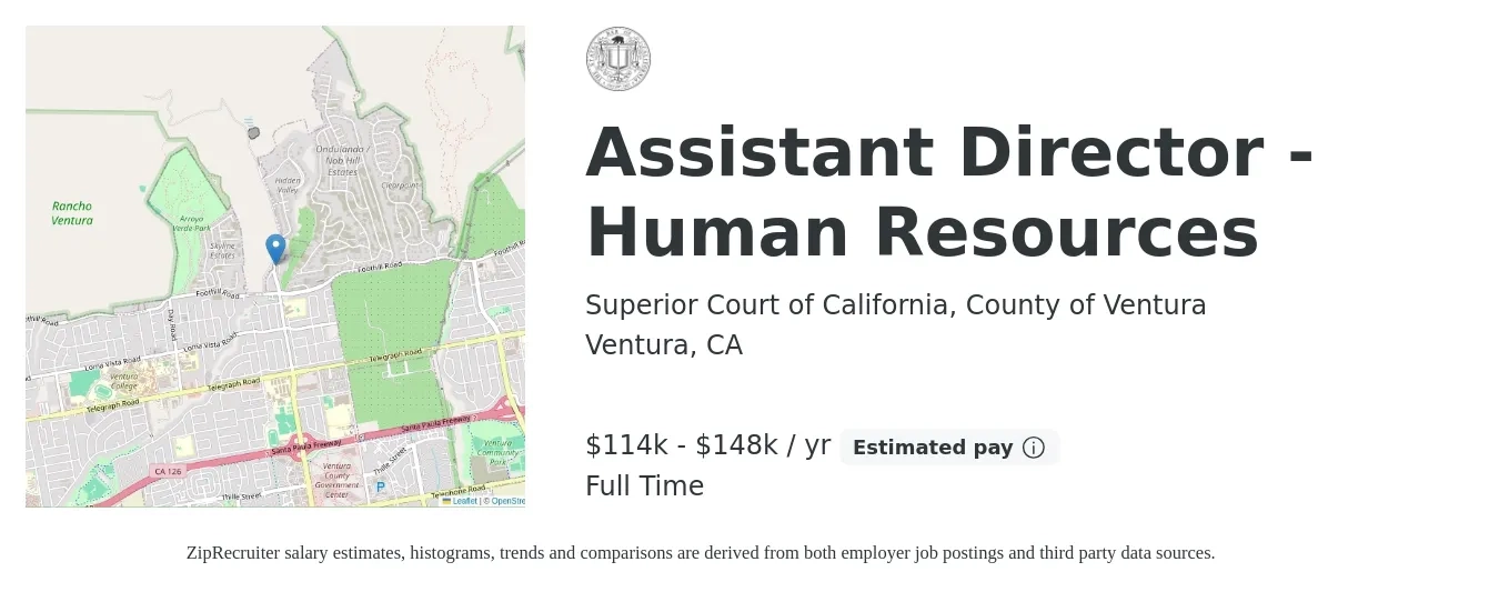 Superior Court of California, County of Ventura job posting for a Assistant Director - Human Resources in Ventura, CA with a salary of $39,900 to $51,000 Yearly with a map of Ventura location.