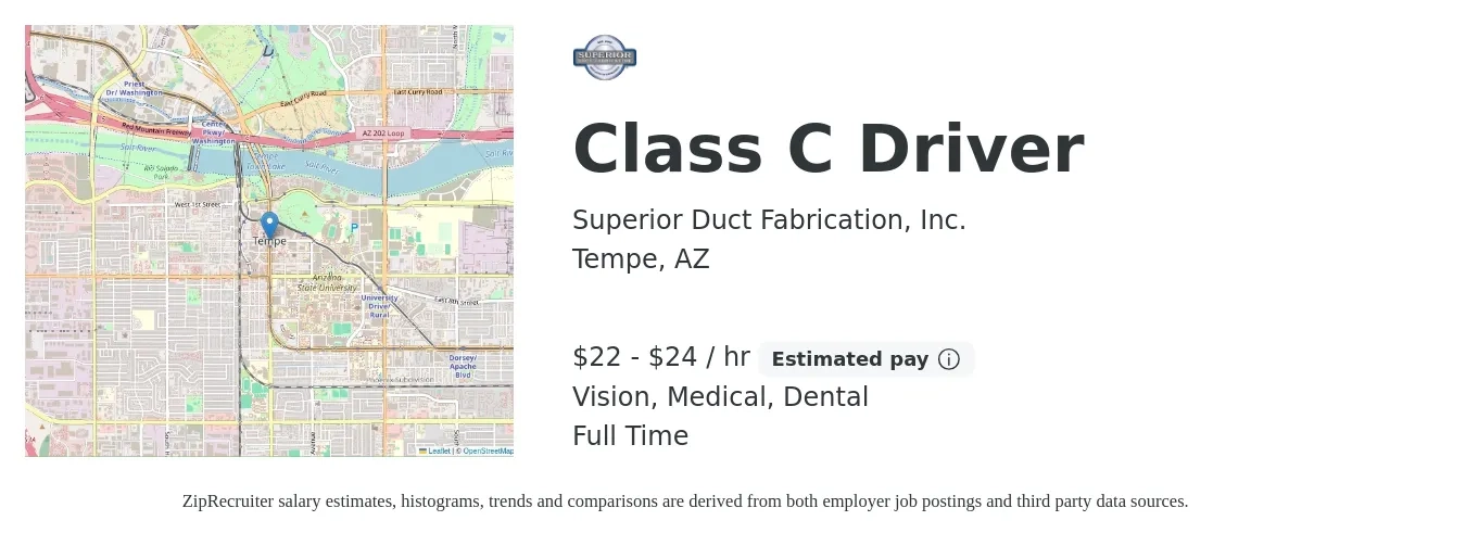 Superior Duct Fabrication, Inc. job posting for a Class C Driver in Tempe, AZ with a salary of $23 to $25 Hourly and benefits including pto, retirement, vision, dental, life_insurance, and medical with a map of Tempe location.
