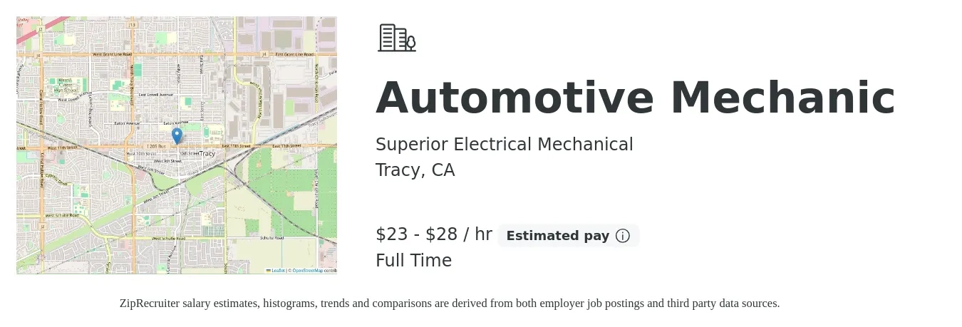 Superior Electrical Mechanical job posting for a Automotive Mechanic in Tracy, CA with a salary of $24 to $30 Hourly with a map of Tracy location.