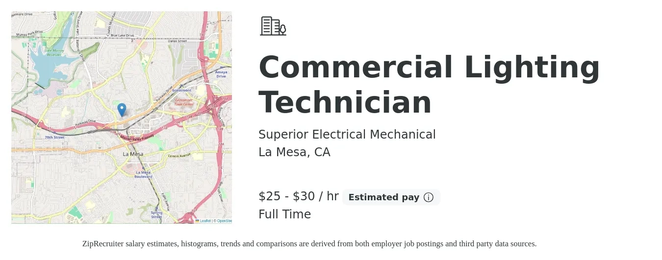 Superior Electrical Mechanical job posting for a Commercial Lighting Technician in La Mesa, CA with a salary of $27 to $32 Hourly with a map of La Mesa location.