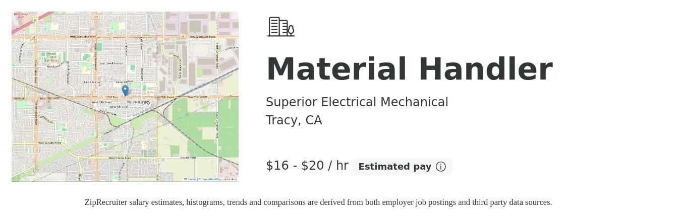 Superior Electrical Mechanical job posting for a Material Handler in Tracy, CA with a salary of $17 to $21 Hourly with a map of Tracy location.