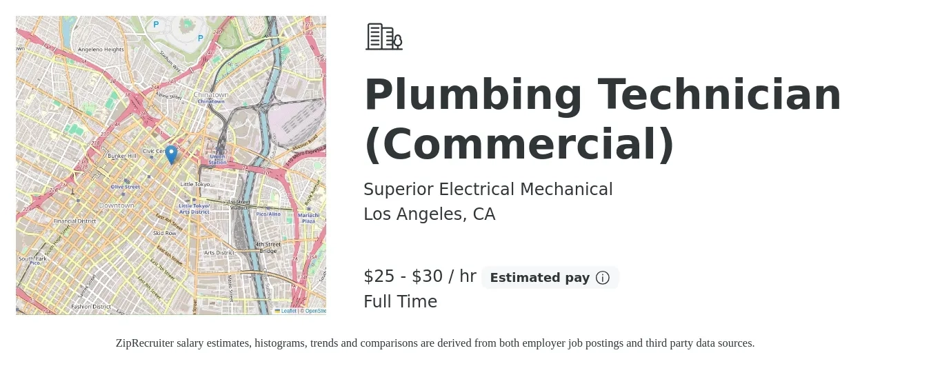 Superior Electrical Mechanical job posting for a Plumbing Technician (Commercial) in Los Angeles, CA with a salary of $26 to $32 Hourly with a map of Los Angeles location.