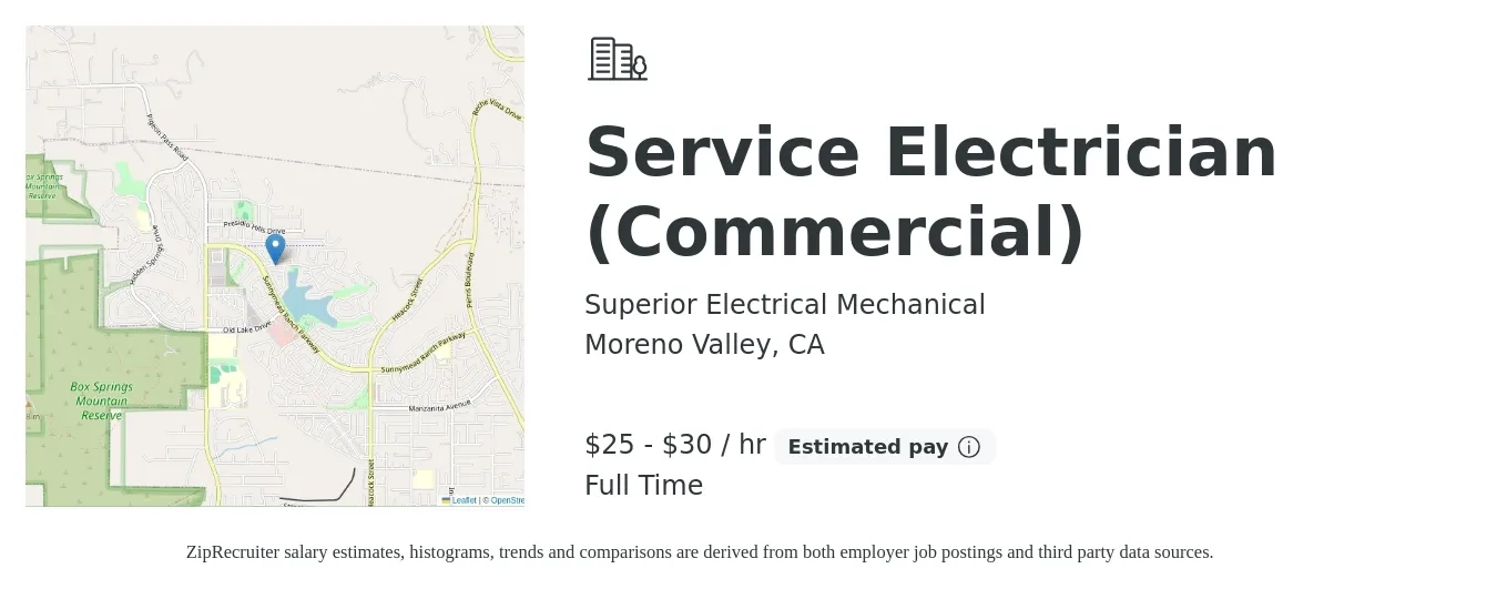 Superior Electrical Mechanical job posting for a Service Electrician (Commercial) in Moreno Valley, CA with a salary of $27 to $32 Hourly with a map of Moreno Valley location.