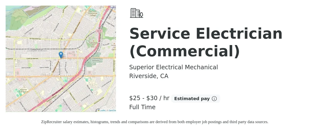 Superior Electrical Mechanical job posting for a Service Electrician (Commercial) in Riverside, CA with a salary of $27 to $32 Hourly with a map of Riverside location.