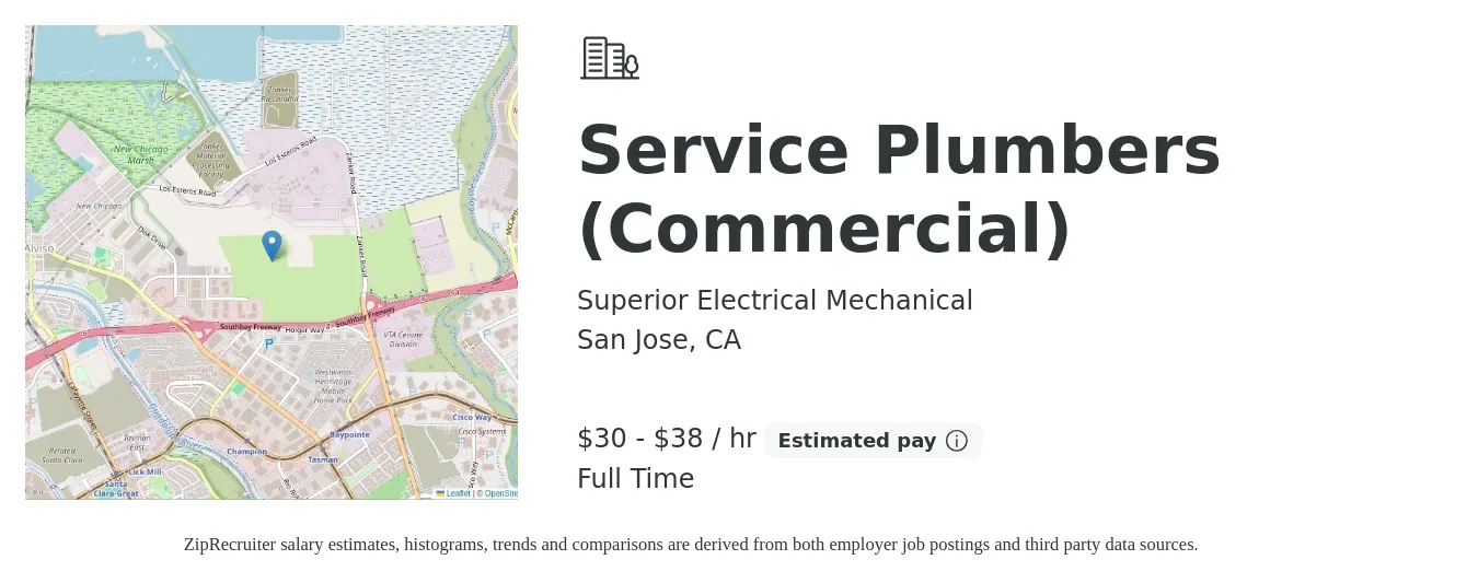Superior Electrical Mechanical job posting for a Service Plumbers (Commercial) in San Jose, CA with a salary of $32 to $40 Hourly with a map of San Jose location.