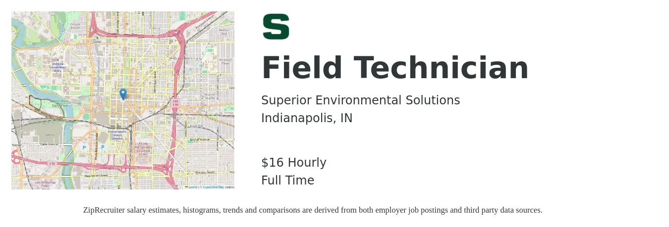 Superior Environmental Solutions job posting for a Field Technician in Indianapolis, IN with a salary of $17 Hourly with a map of Indianapolis location.