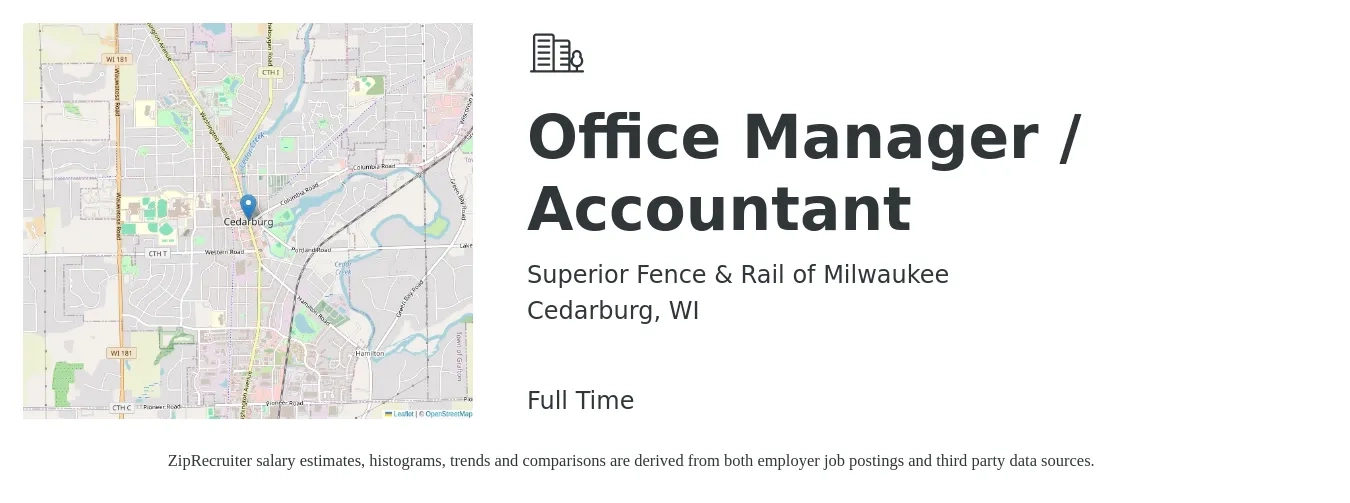 Superior Fence & Rail of Milwaukee job posting for a Office Manager / Accountant in Cedarburg, WI with a salary of $55,000 Yearly with a map of Cedarburg location.