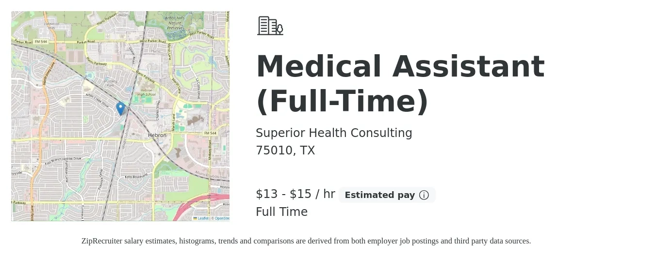 Superior Health Consulting job posting for a Medical Assistant (Full-Time) in 75010, TX with a salary of $14 to $16 Hourly with a map of 75010 location.