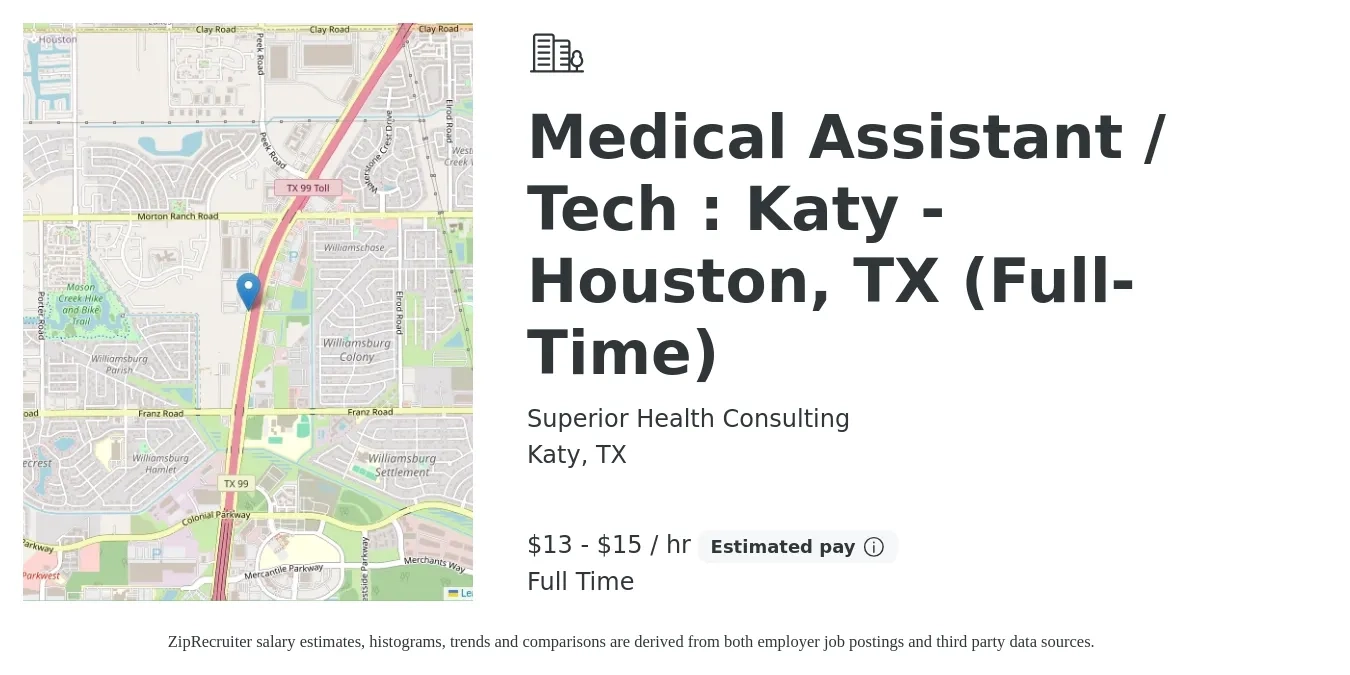 Superior Health Consulting job posting for a Medical Assistant / Tech : Katy - Houston, TX (Full-Time) in Katy, TX with a salary of $14 to $16 Hourly with a map of Katy location.