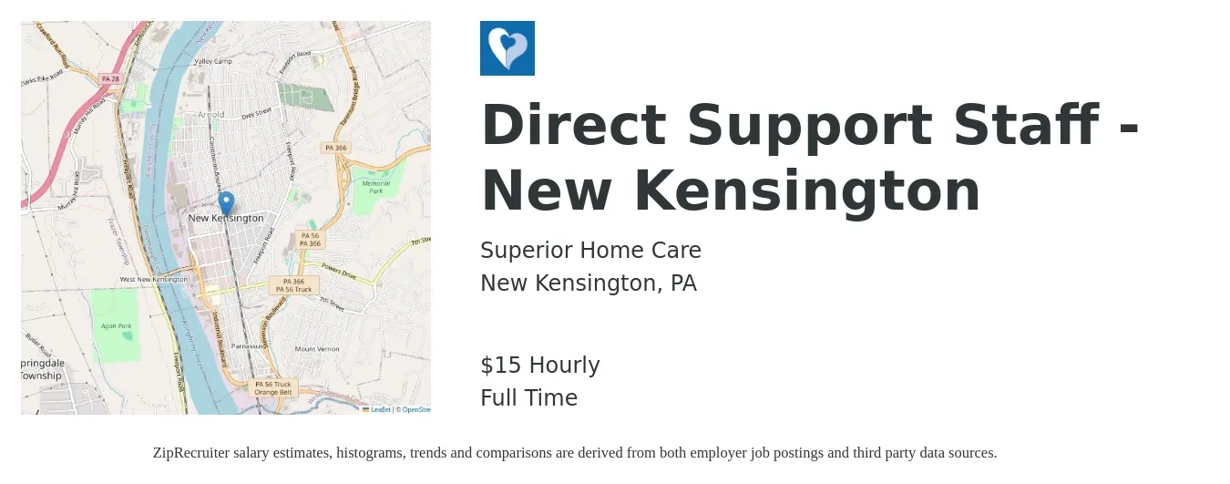 Superior Home Care job posting for a Direct Support Staff - New Kensington in New Kensington, PA with a salary of $16 Hourly with a map of New Kensington location.