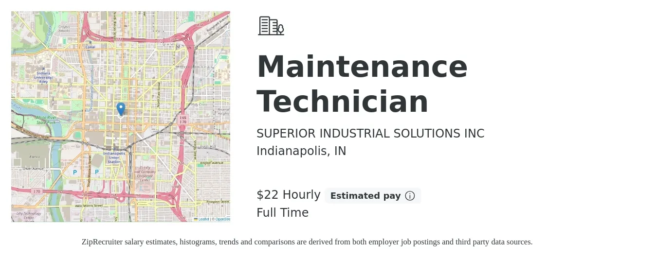 SUPERIOR INDUSTRIAL SOLUTIONS INC job posting for a Maintenance Technician in Indianapolis, IN with a salary of $23 Hourly with a map of Indianapolis location.