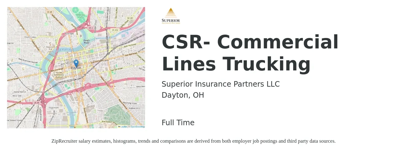 Superior Insurance Partners LLC job posting for a CSR- Commercial Lines Trucking in Dayton, OH with a salary of $43,300 to $58,800 Yearly with a map of Dayton location.