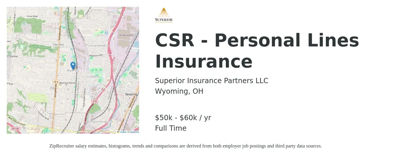 Superior Insurance Partners LLC job posting for a CSR - Personal Lines Insurance in Wyoming, OH with a salary of $50,000 to $60,000 Yearly with a map of Wyoming location.