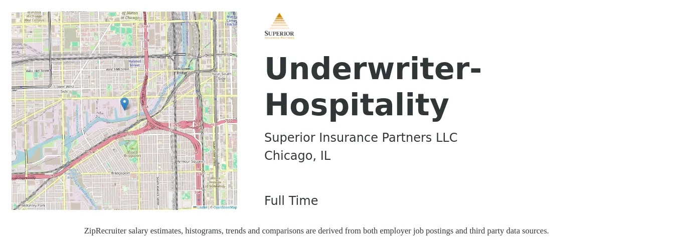 Superior Insurance Partners LLC job posting for a Underwriter-Hospitality in Chicago, IL with a salary of $62,800 to $89,600 Yearly with a map of Chicago location.