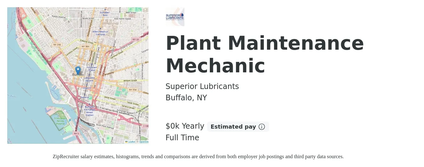 Superior Lubricants job posting for a Plant Maintenance Mechanic in Buffalo, NY with a salary of $22 to $28 Yearly with a map of Buffalo location.