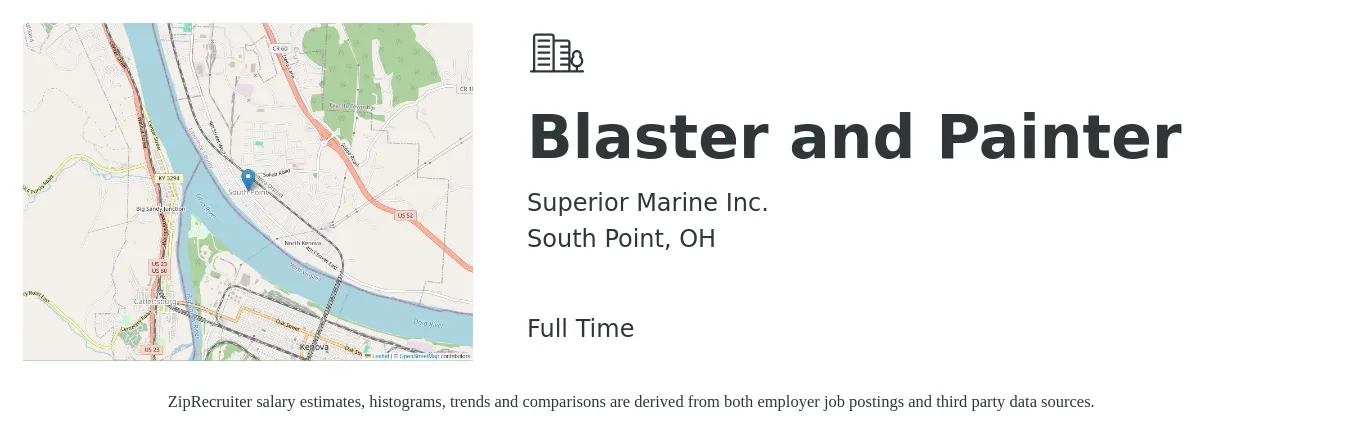 Superior Marine Inc. job posting for a Blaster and Painter in South Point, OH with a salary of $14 to $18 Hourly with a map of South Point location.