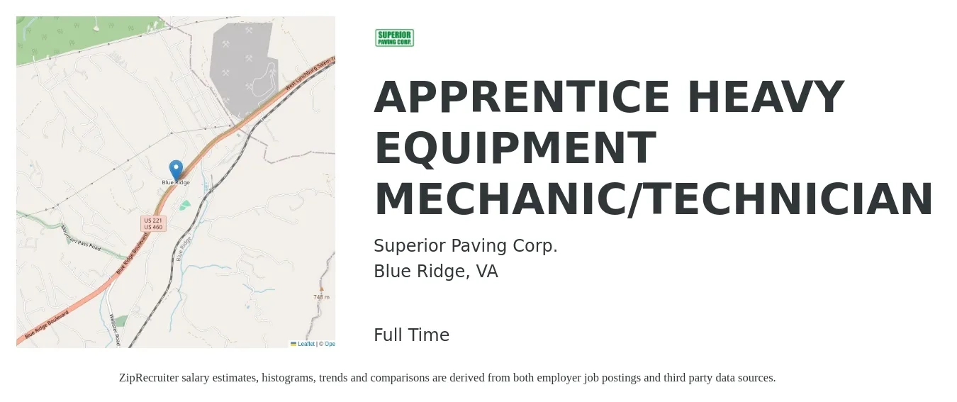 Superior Paving Corp. job posting for a APPRENTICE HEAVY EQUIPMENT MECHANIC/TECHNICIAN in Blue Ridge, VA with a salary of $22 to $29 Hourly with a map of Blue Ridge location.