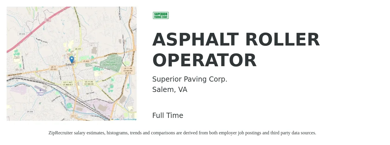Superior Paving Corp. job posting for a ASPHALT ROLLER OPERATOR in Salem, VA with a salary of $18 to $27 Hourly with a map of Salem location.