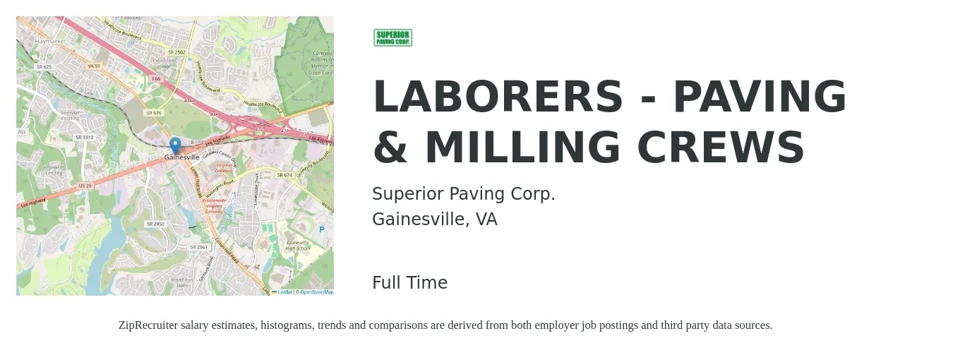 Superior Paving Corp. job posting for a LABORERS - PAVING & MILLING CREWS in Gainesville, VA with a salary of $18 to $22 Hourly with a map of Gainesville location.