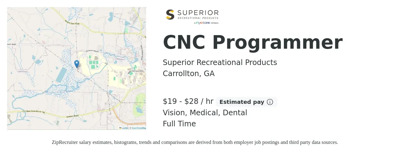 Superior Recreational Products job posting for a CNC Programmer in Carrollton, GA with a salary of $20 to $30 Hourly and benefits including vision, dental, life_insurance, medical, and retirement with a map of Carrollton location.