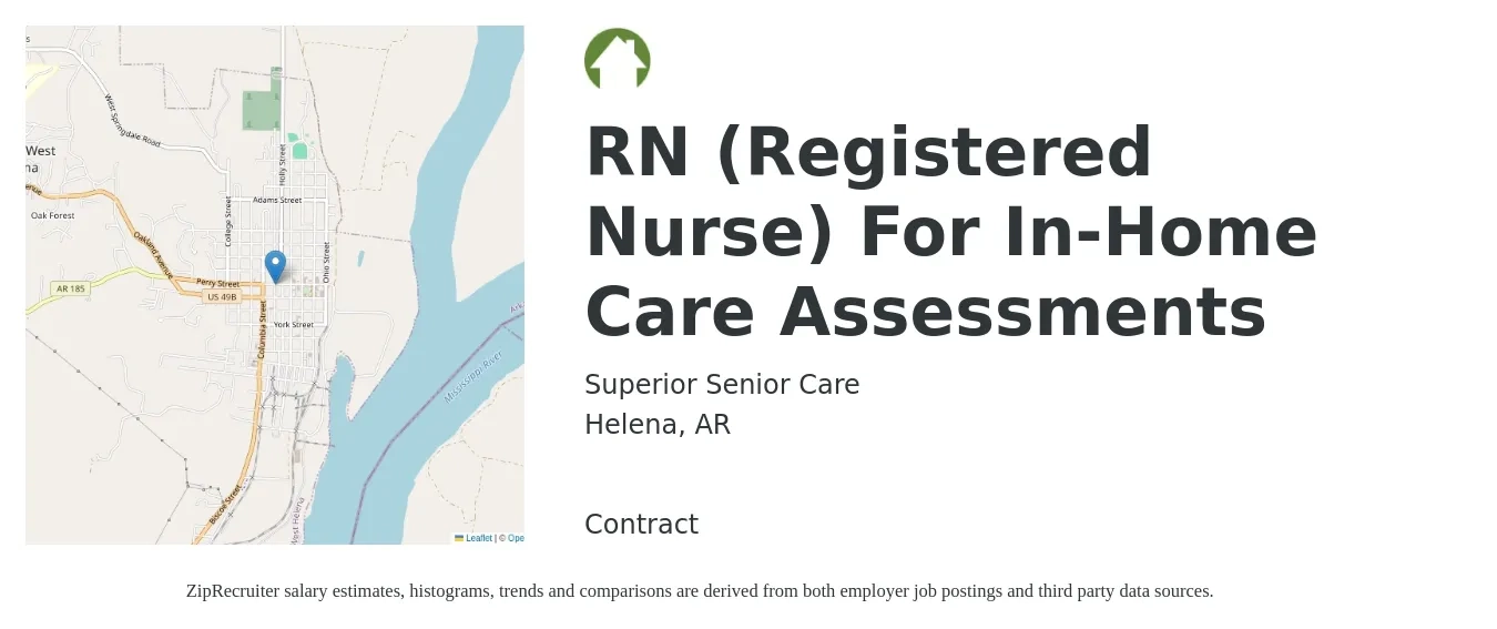 Superior Senior Care job posting for a RN (Registered Nurse) For In-Home Care Assessments in Helena, AR with a salary of $32 to $49 Hourly with a map of Helena location.