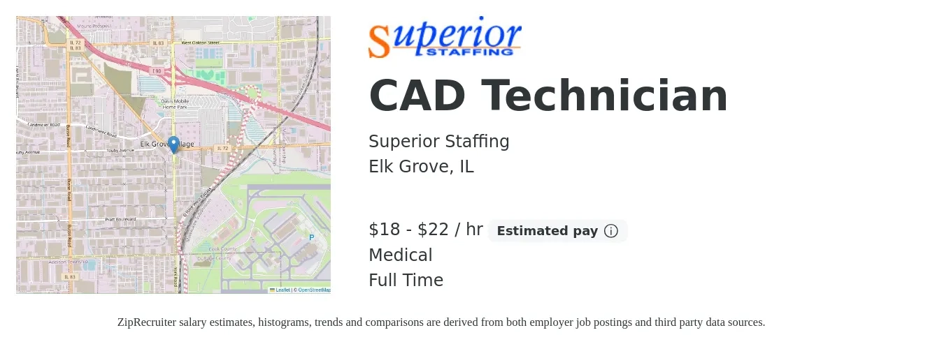 Superior Staffing job posting for a CAD Technician in Elk Grove, IL with a salary of $19 to $23 Hourly and benefits including medical with a map of Elk Grove location.