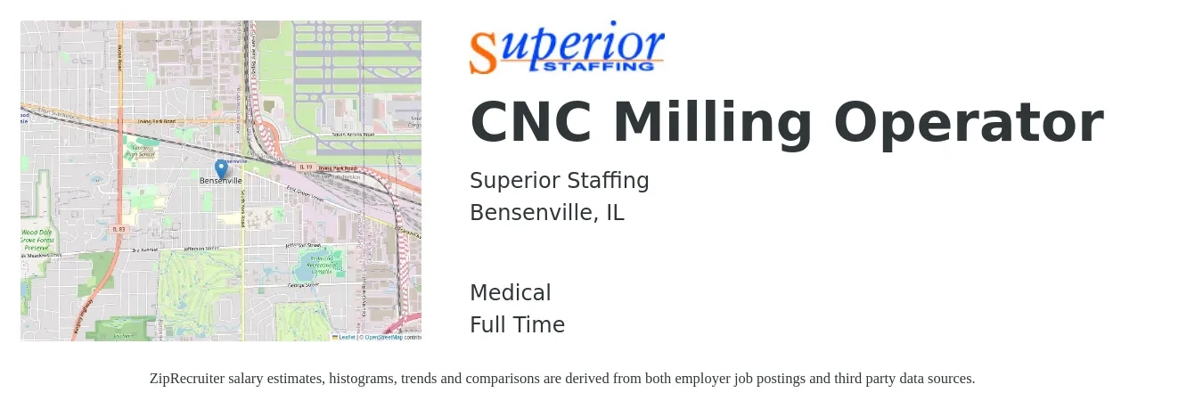 Superior Staffing job posting for a CNC Milling Operator in Bensenville, IL with a salary of $22 to $28 Hourly and benefits including medical with a map of Bensenville location.