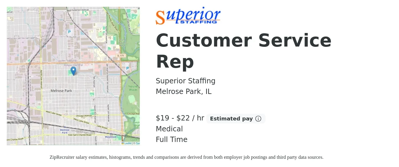 Superior Staffing job posting for a Customer Service Rep in Melrose Park, IL with a salary of $20 to $23 Hourly and benefits including medical with a map of Melrose Park location.