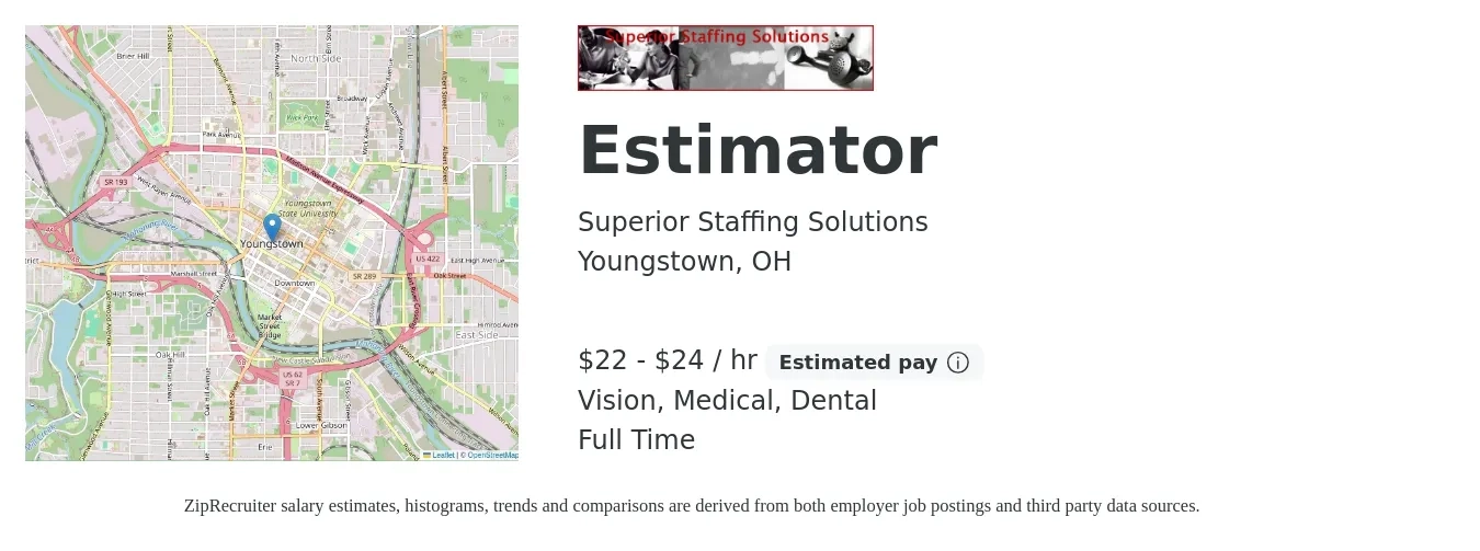 Superior Staffing Solutions job posting for a Estimator in Youngstown, OH with a salary of $23 to $25 Hourly and benefits including medical, retirement, vision, dental, and life_insurance with a map of Youngstown location.