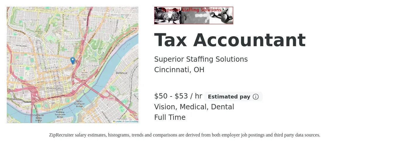 Superior Staffing Solutions job posting for a Tax Accountant in Cincinnati, OH with a salary of $52 to $56 Hourly and benefits including dental, life_insurance, medical, retirement, and vision with a map of Cincinnati location.