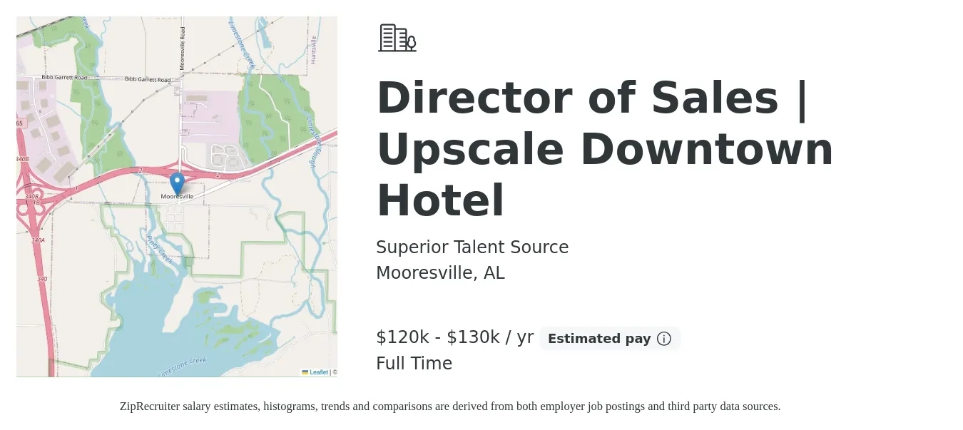 Superior Talent Source job posting for a Director of Sales | Upscale Downtown Hotel in Mooresville, AL with a salary of $120,000 to $130,000 Yearly with a map of Mooresville location.