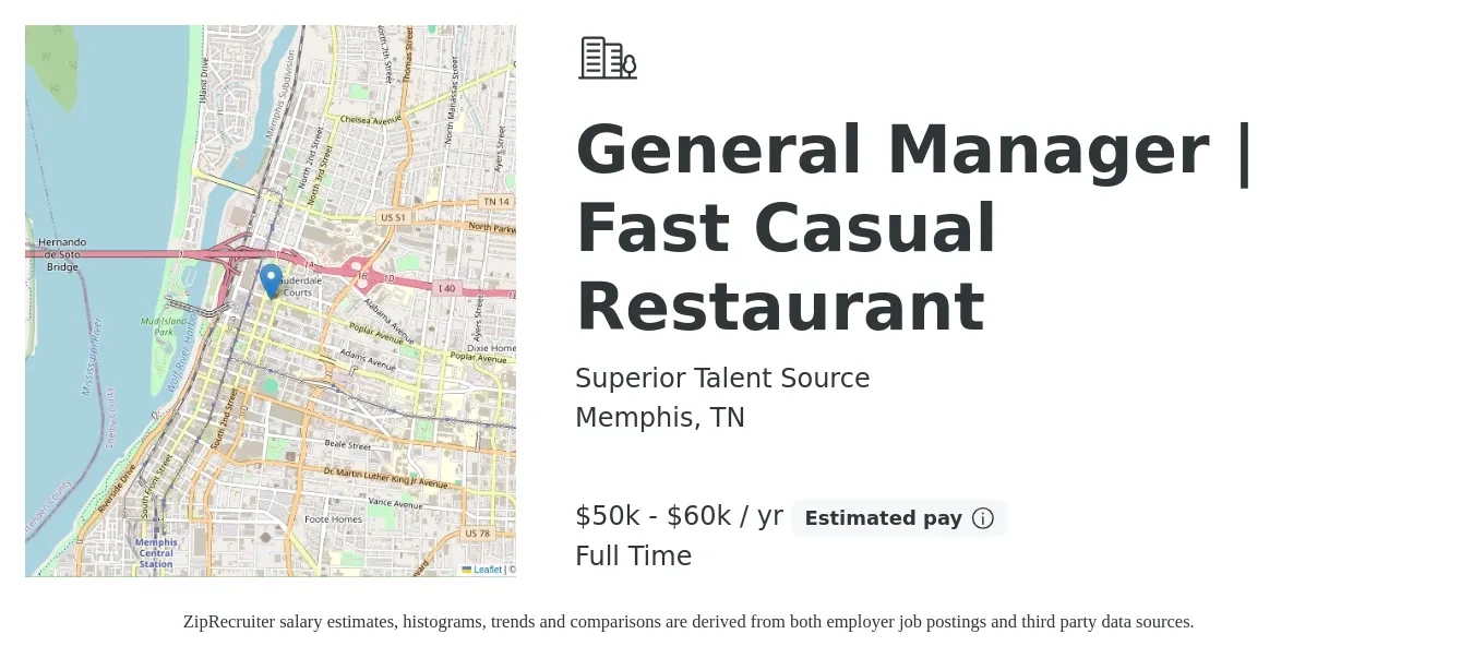 Superior Talent Source job posting for a General Manager | Fast Casual Restaurant in Memphis, TN with a salary of $50,000 to $60,000 Yearly with a map of Memphis location.
