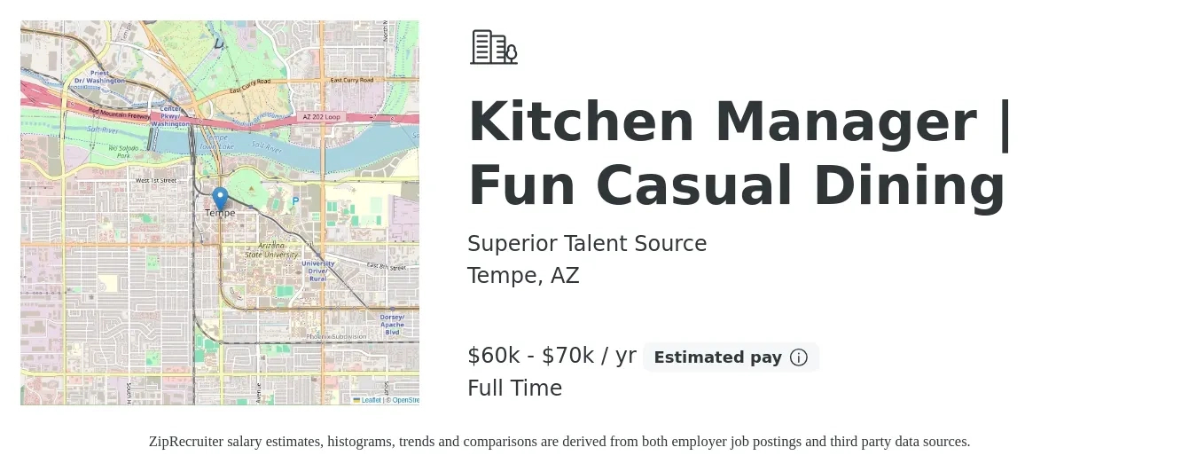 Superior Talent Source job posting for a Kitchen Manager | Fun Casual Dining in Tempe, AZ with a salary of $60,000 to $70,000 Yearly and benefits including life_insurance, medical, pto, retirement, vision, and dental with a map of Tempe location.