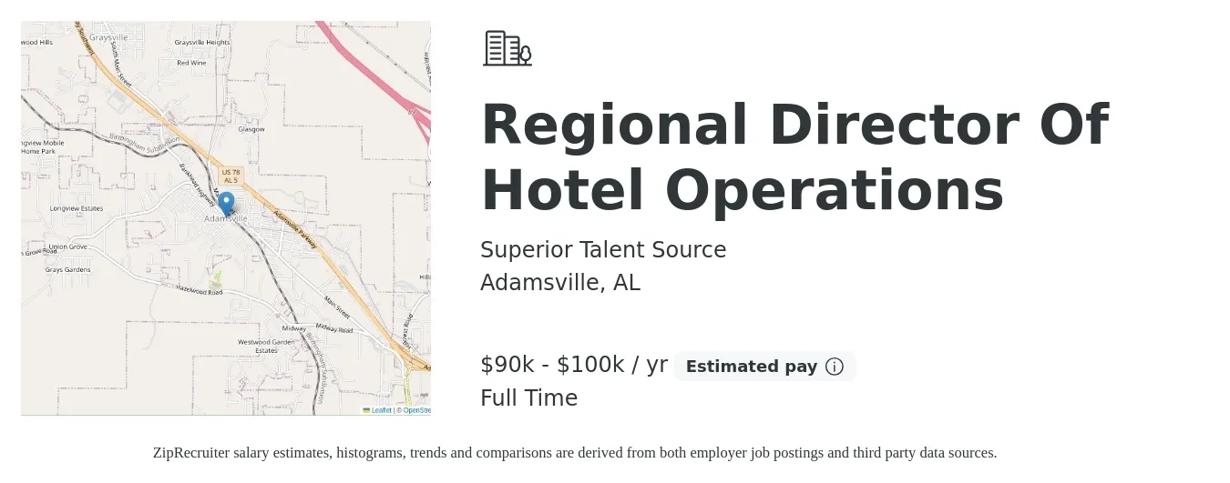 Superior Talent Source job posting for a Regional Director Of Hotel Operations in Adamsville, AL with a salary of $90,000 to $100,000 Yearly with a map of Adamsville location.