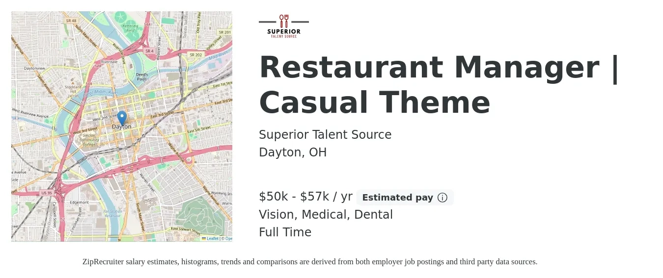 Superior Talent Source job posting for a Restaurant Manager | Casual Theme in Dayton, OH with a salary of $50,000 to $57,000 Yearly with a map of Dayton location.