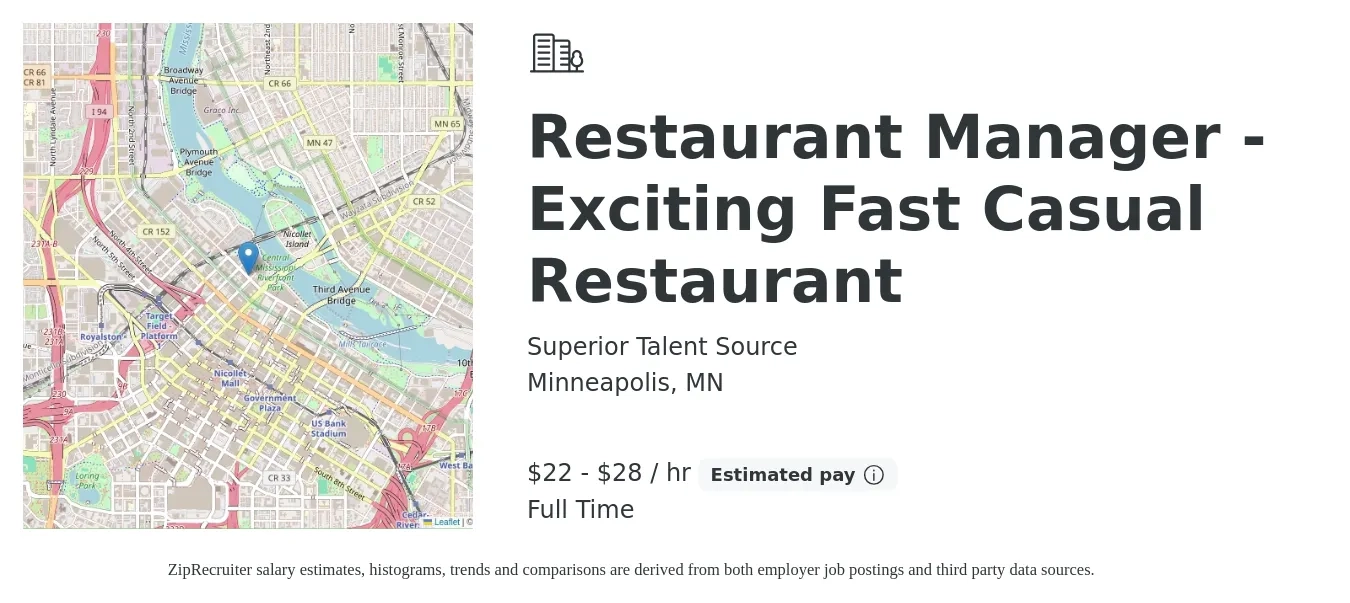 Superior Talent Source job posting for a Restaurant Manager - Exciting Fast Casual Restaurant in Minneapolis, MN with a salary of $23 to $30 Hourly with a map of Minneapolis location.