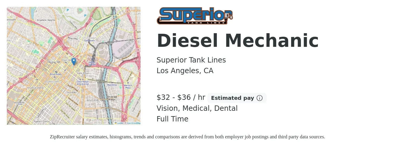 Superior Tank Lines job posting for a Diesel Mechanic in Los Angeles, CA with a salary of $34 to $38 Hourly and benefits including dental, life_insurance, medical, pto, retirement, and vision with a map of Los Angeles location.