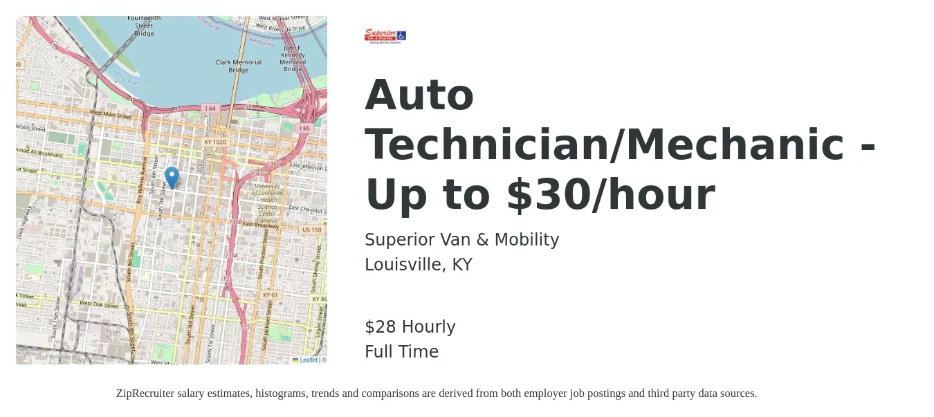 Superior Van & Mobility job posting for a Auto Technician/Mechanic - Up to $30/hour in Louisville, KY with a salary of $30 Hourly with a map of Louisville location.