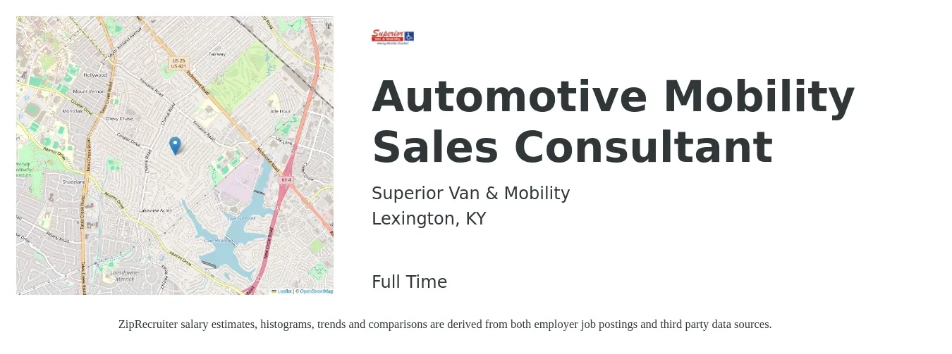 Superior Van & Mobility job posting for a Automotive Mobility Sales Consultant in Lexington, KY with a salary of $40,800 to $79,500 Yearly with a map of Lexington location.