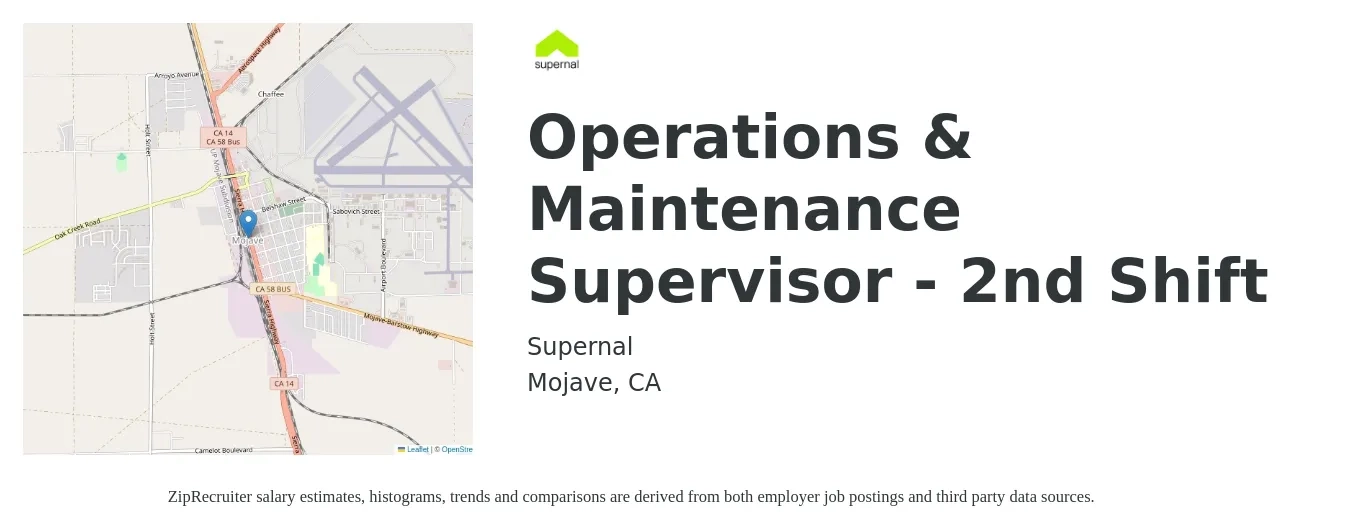 Supernal job posting for a Operations & Maintenance Supervisor - 2nd Shift in Mojave, CA with a salary of $60,800 to $89,700 Yearly with a map of Mojave location.