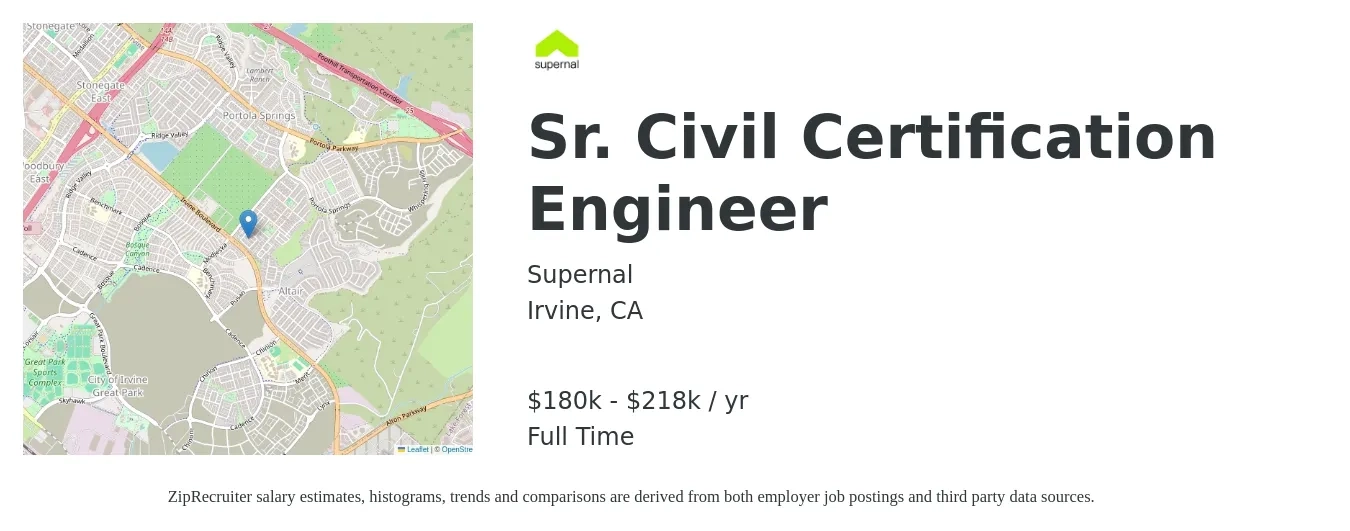 Supernal job posting for a Sr. Civil Certification Engineer in Irvine, CA with a salary of $92,300 to $137,400 Yearly with a map of Irvine location.