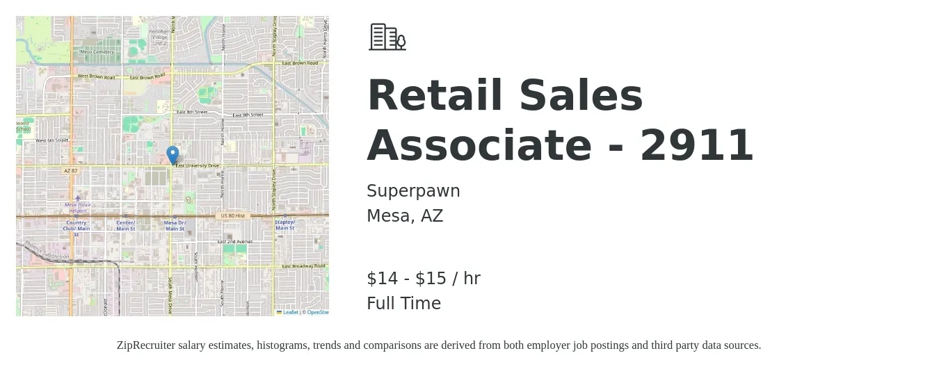 Superpawn job posting for a Retail Sales Associate - 2911 in Mesa, AZ with a salary of $15 to $16 Hourly with a map of Mesa location.