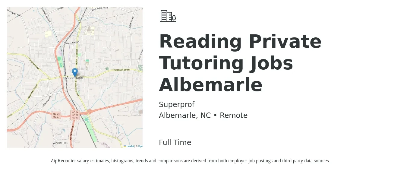 Superprof job posting for a Reading Private Tutoring Jobs Albemarle in Albemarle, NC with a salary of $19 to $46 Hourly with a map of Albemarle location.
