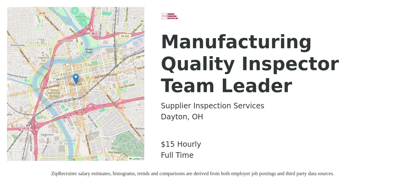 Supplier Inspection Services job posting for a Manufacturing Quality Inspector Team Leader in Dayton, OH with a salary of $16 Hourly with a map of Dayton location.