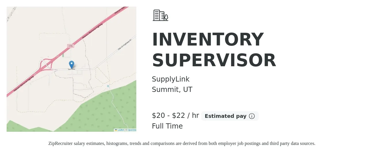 SupplyLink job posting for a INVENTORY SUPERVISOR in Summit, UT with a salary of $21 to $23 Hourly with a map of Summit location.