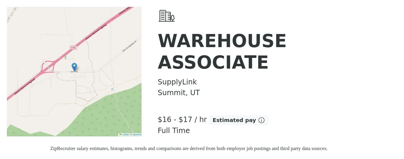 SupplyLink job posting for a WAREHOUSE ASSOCIATE in Summit, UT with a salary of $18 to $18 Hourly with a map of Summit location.